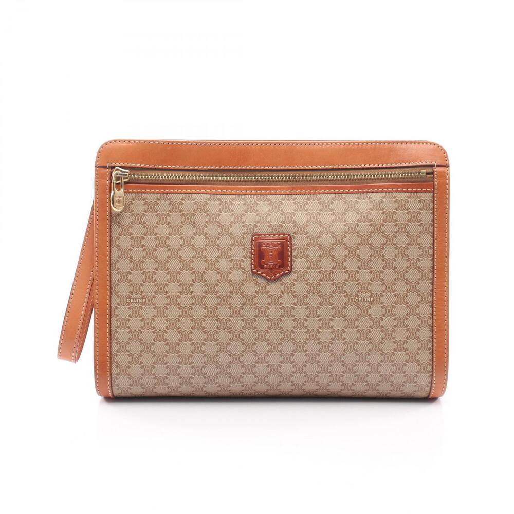 Celine Macadam Shoulder Bag Clutch Canvas Leather Beige Tan Brown